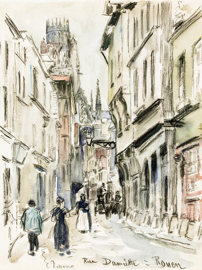 Rouen street scene by Camille Pissarro, 1884, a gestural chalk drawing of a bustling French town and its old architecture
