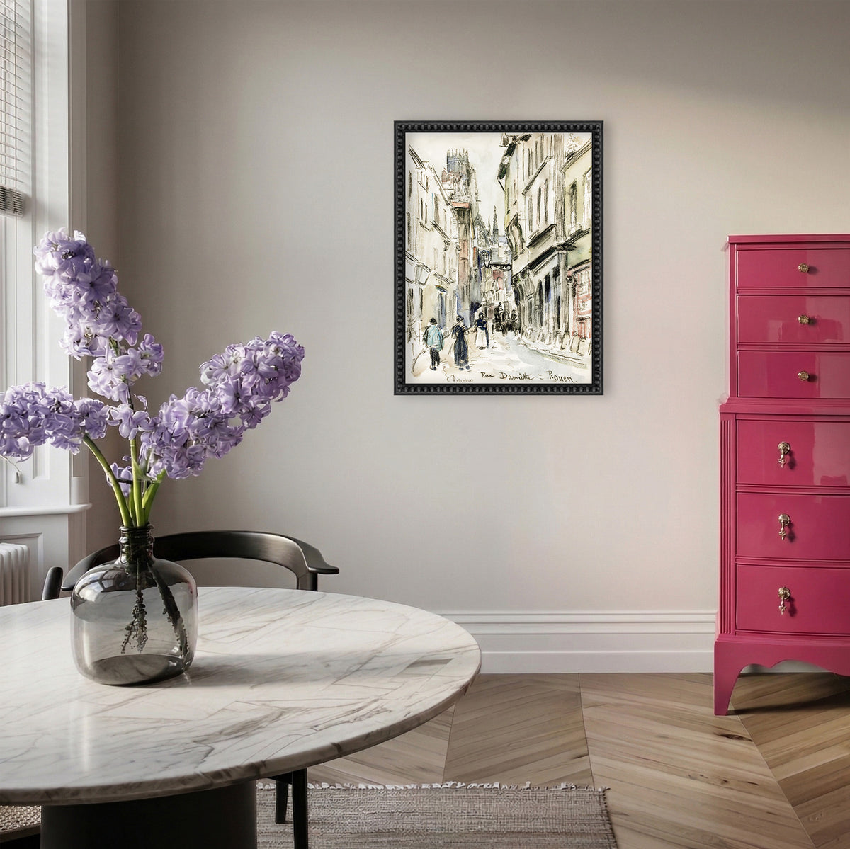 French Town art print styled with Eden, a refinished vintage highboy by Casey Grace Studios