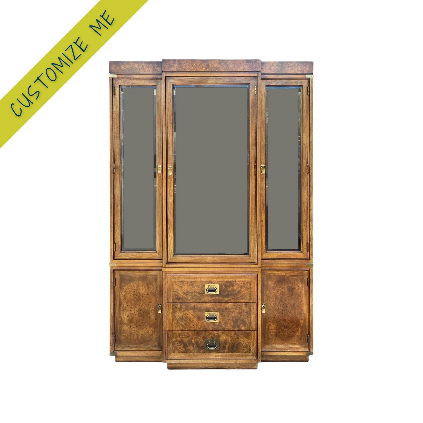 Vintage china cabinet with glass doors and drawers on a white background. Campaign style china cabinet