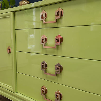 Professional Restoration Buffet Stem Green Finish Vintage Chinoiserie Design High Gloss Lacquer Treatment Rosy Copper Hardware Storage Solution Premium Construction Quality Four Drawer System Side Cabinets Luxury Living Space Essential