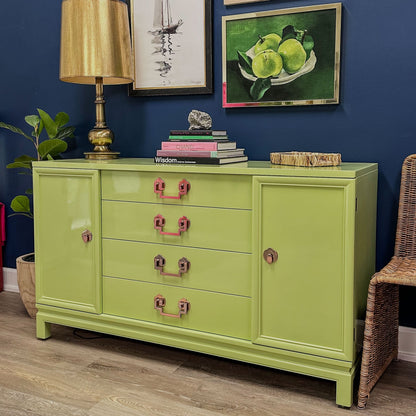 Professional Restoration Buffet Stem Green Finish Vintage Chinoiserie Design High Gloss Lacquer Treatment Rosy Copper Hardware Storage Solution Premium Construction Quality Four Drawer System Side Cabinets Luxury Living Space Essential