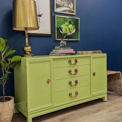 Professional Restoration Buffet Stem Green Finish Vintage Chinoiserie Design High Gloss Lacquer Treatment Rosy Copper Hardware Storage Solution Premium Construction Quality Four Drawer System Side Cabinets Luxury Living Space Essential