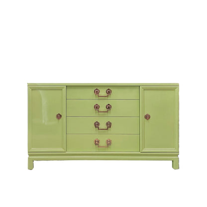 Professional Restoration Buffet Stem Green Finish Vintage Chinoiserie Design High Gloss Lacquer Treatment Rosy Copper Hardware Storage Solution Premium Construction Quality Four Drawer System Side Cabinets Luxury Living Space Essential