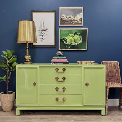 Professional Restoration Buffet Stem Green Finish Vintage Chinoiserie Design High Gloss Lacquer Treatment Rosy Copper Hardware Storage Solution Premium Construction Quality Four Drawer System Side Cabinets Luxury Living Space Essential