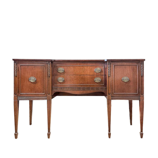 Vintage Hepplewhite-style buffet with long legs, two cabinet sections, and two drawers; simple, stately design available for customization.