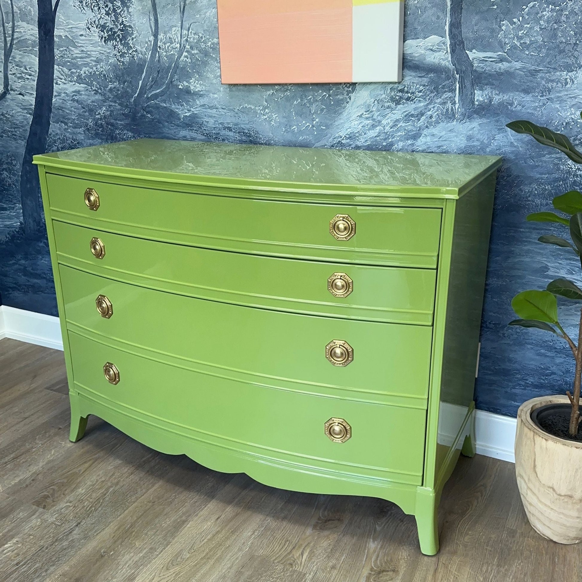 Brooks - Vintage bow front dresser, lacquered in a soft sage high gloss green. Casey Grace Studios Brooks - Vintage bow front dresser, lacquered in a soft sage high gloss green. Casey Grace Studios