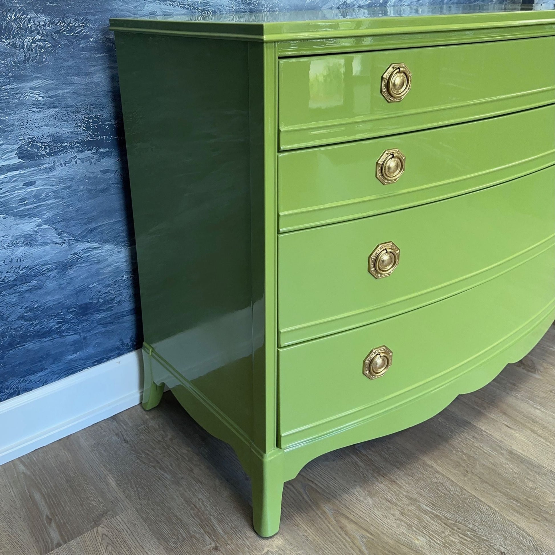 Brooks - Vintage bow front dresser, lacquered in a soft sage high gloss green. Casey Grace Studios Brooks - Vintage bow front dresser, lacquered in a soft sage high gloss green. Casey Grace Studios