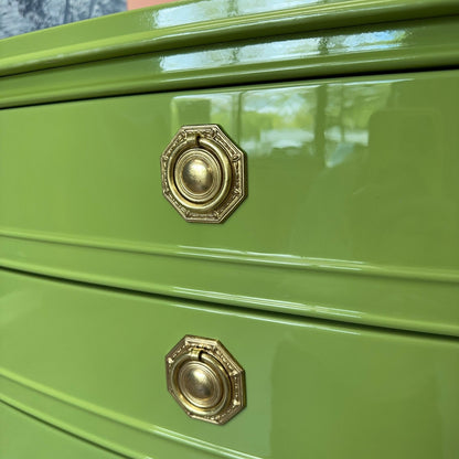 Brooks - Vintage bow front dresser, lacquered in a soft sage high gloss green. Casey Grace Studios Brooks - Vintage bow front dresser, lacquered in a soft sage high gloss green. Casey Grace Studios