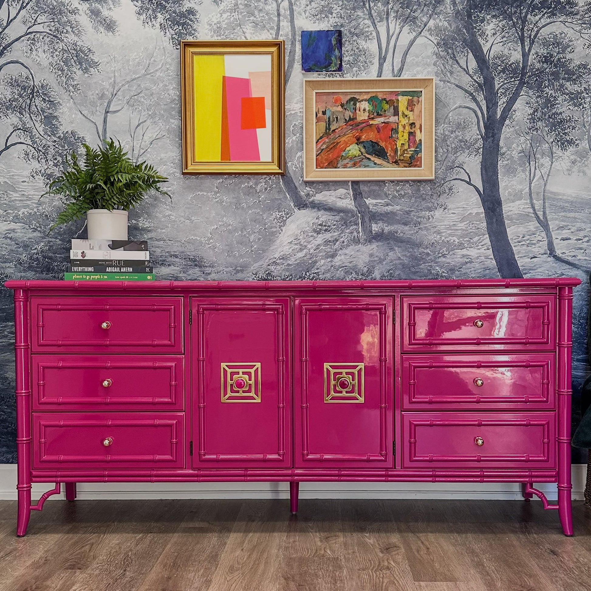 pink bamboo dresser SOLD Hot Pink Bamboo Dresser Hutch | Lacquer Sideboard, Customizable
