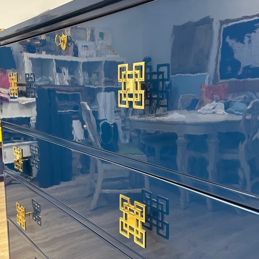 Lacquered blue drawers with new Modern Matter brass hardware