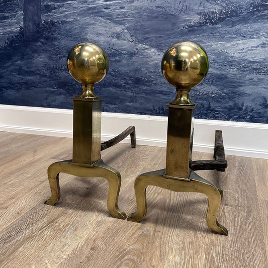 vintage brass andirons, vintage fireplace set, federalist vintage andirons