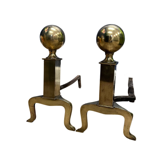 vintage brass andirons, vintage fireplace set, federalist vintage andirons