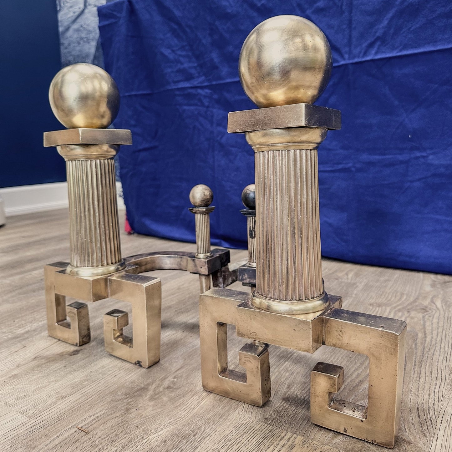 Greek Key Vintage Brass Andirons / Decor - Casey Grace Studio, LLC