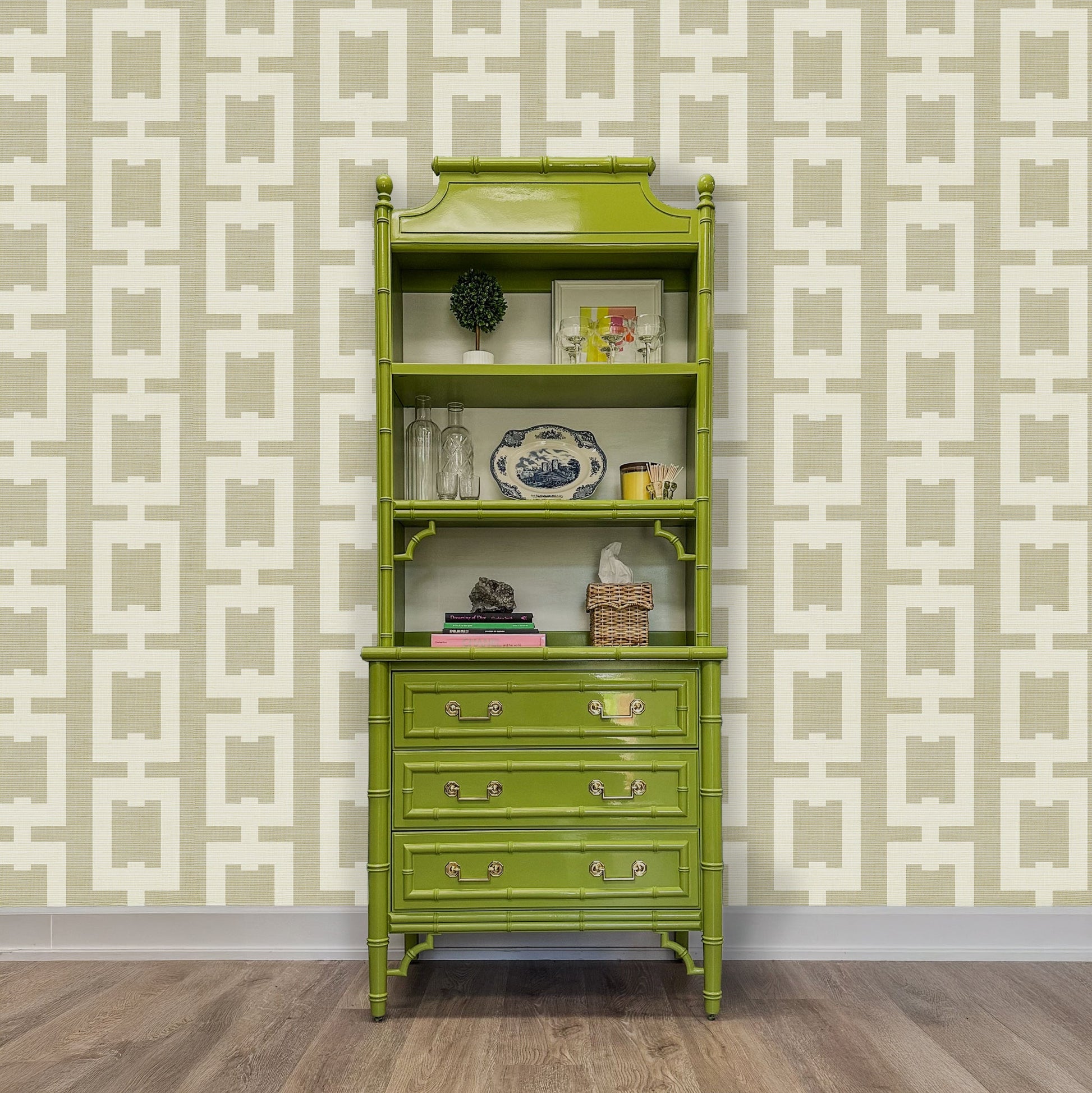 Vintage faux bamboo dresser with upper hutch, refinished in glossy olive green lacquer. Features three drawers and three open shelves with updated vintage-style brass hardware.