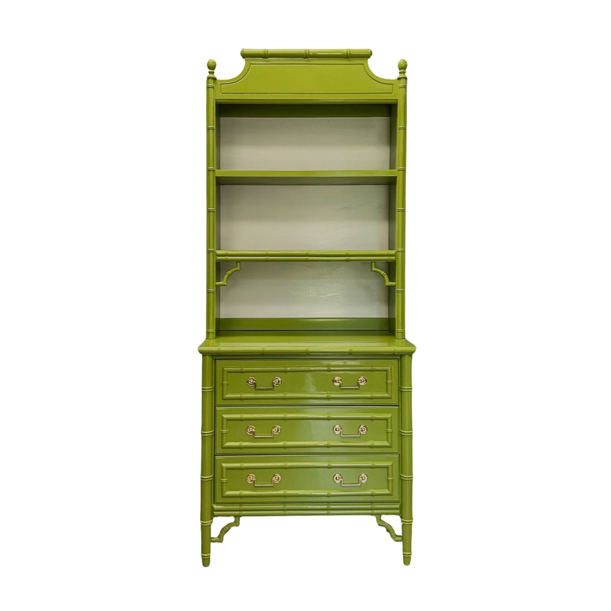 Vintage faux bamboo dresser with upper hutch, refinished in glossy olive green lacquer. Features three drawers and three open shelves with updated vintage-style brass hardware.