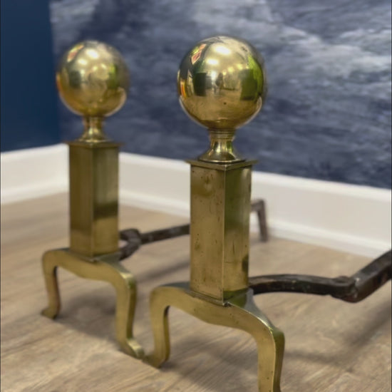vintage brass andirons, vintage fireplace set, federalist vintage andirons