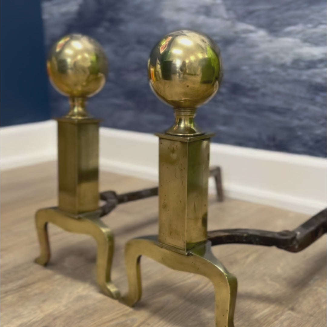 vintage brass andirons, vintage fireplace set, federalist vintage andirons