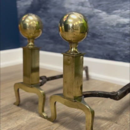 vintage brass andirons, vintage fireplace set, federalist vintage andirons