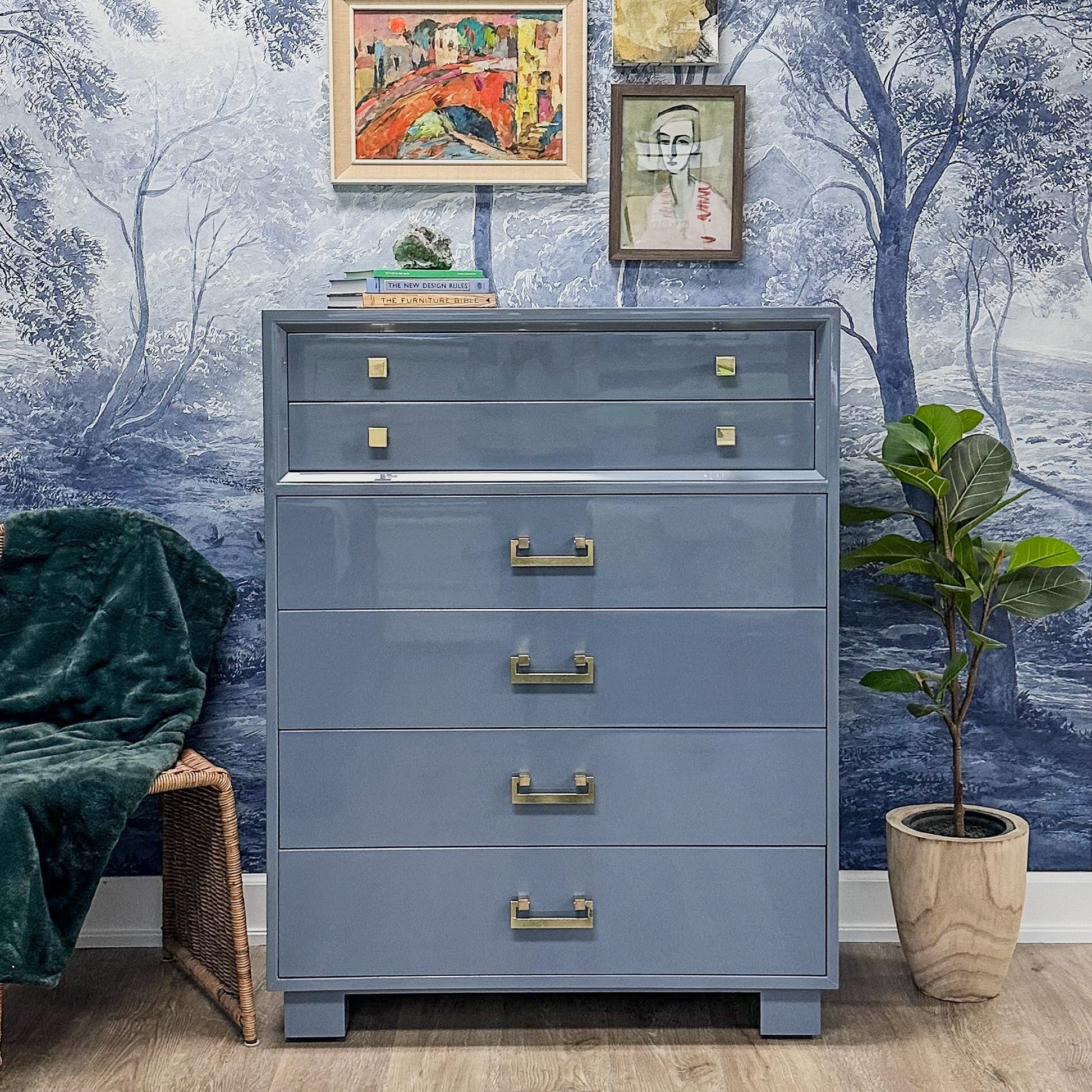 Ripley - Mid Century Modern Highboy Dresser lacquered in Bachelor Blue Casey Grace Studios Ripley - Mid Century Modern Highboy Dresser lacquered in Bachelor Blue Casey Grace Studios