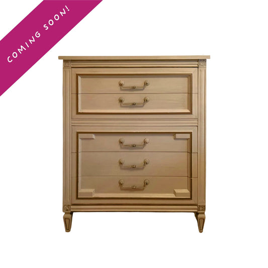 Vintage Thomasville five-drawer highboy dresser in jet-black high-gloss lacquer with modern brass hardware, refinished by Casey Grace Studios.