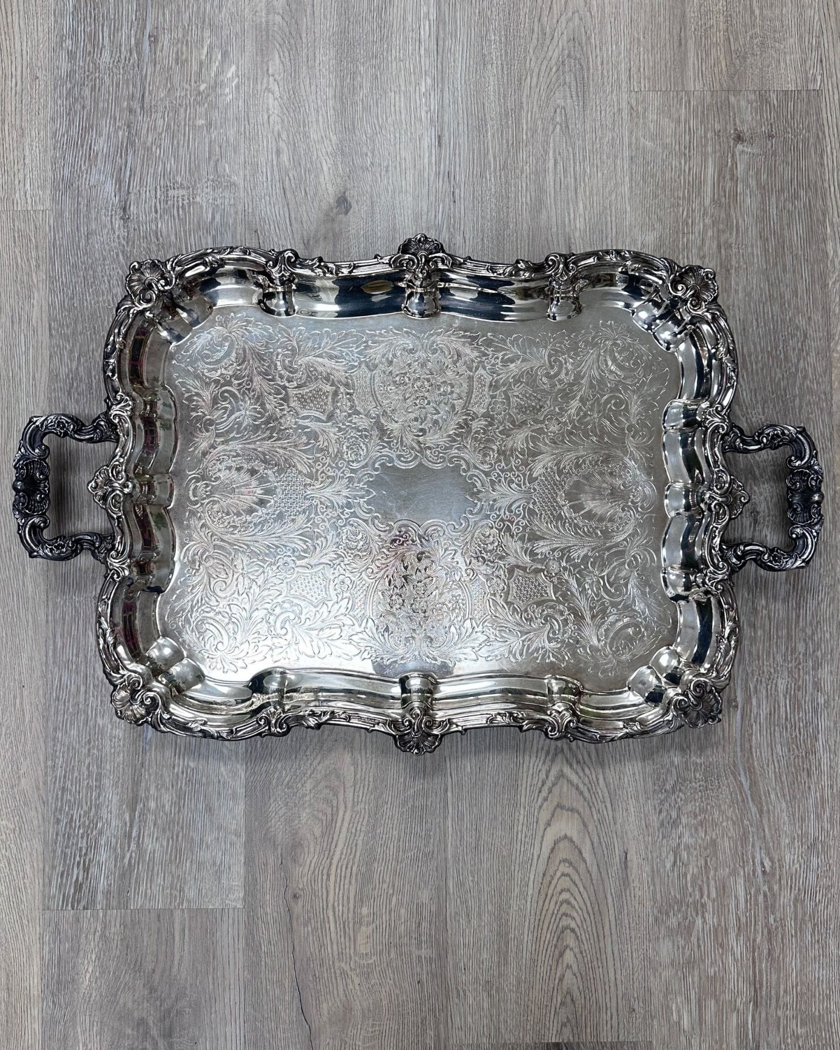 vintage footed hotel silver platter, ornate design, heavy, silver plate