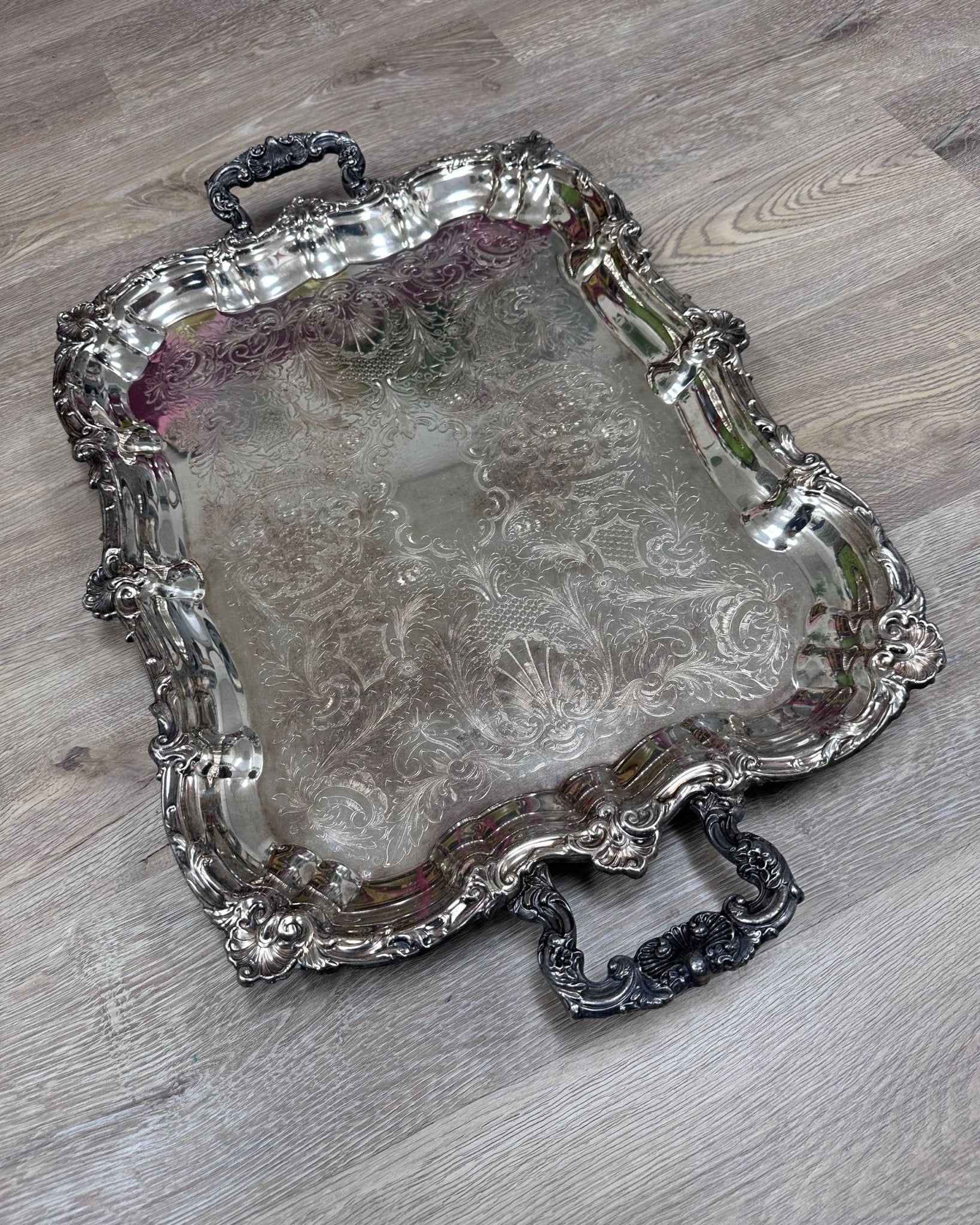 vintage hotel silver platter, ornate design, heavy, silver plate