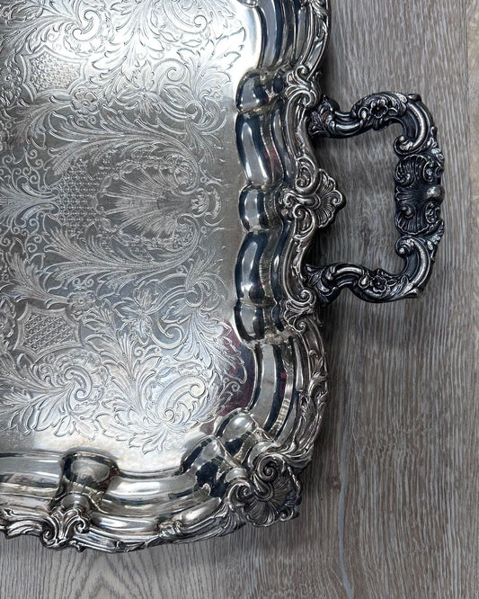 vintage hotel silver platter, ornate design, heavy, silver plate