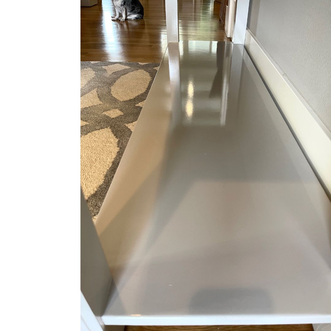 painted furniture, high gloss furniture, grey painted entryway table, cane boho table, lacquered furniture, upcycled entryway table, hallway table, drexel table, thomasville table